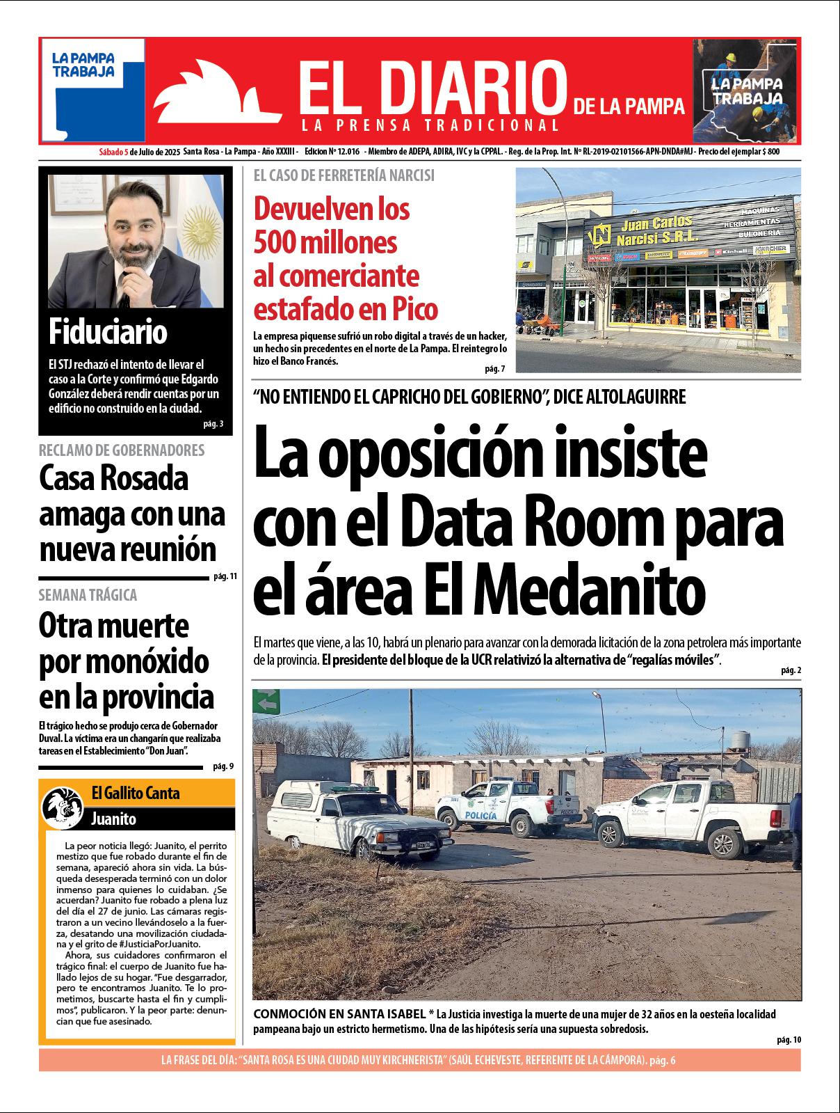 Tapa de El Diario en papel  saacutebado 05 de julio de 2025